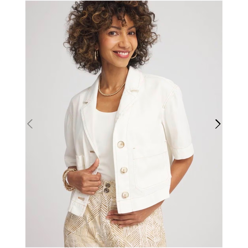 Chico's Shacket XL White Soft-Stretch Short Cotton Cropped Button Up Coastal